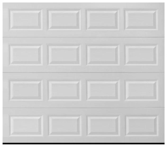 White short-panel impact garage door, four rows of four raised panels