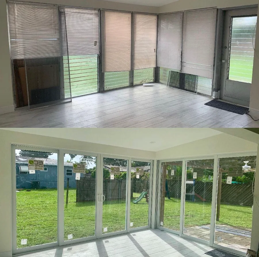 The same patio room before and after: a jalousie enclosure above, impact glass and folding doors below